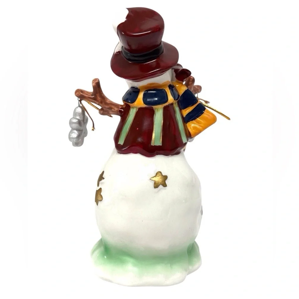 Festive Snowman Figurine Ceramic with Red Hat & Green Scarf Christmas EUC